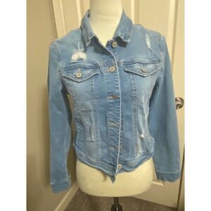 Enjean Women's Size Medium Light Blue Distressed Denim Jacket‎ Casual Outerwear